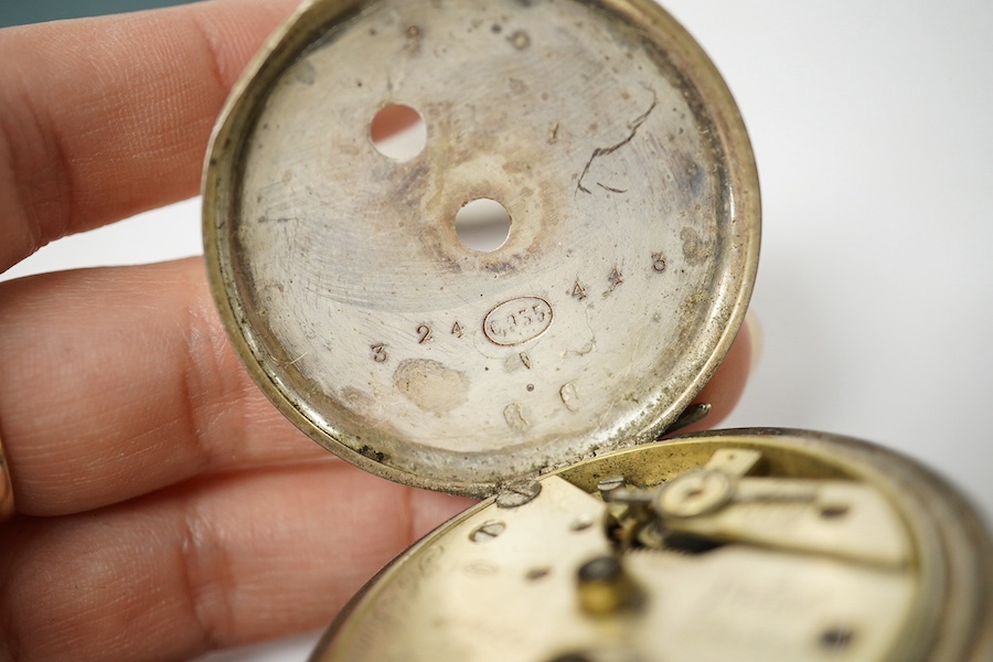 A George V Waltham silver open faced key wind pocket watch (a.f.), a 935 white metal open faced pocket watch and an 800 white metal fob watch. Condition - poor